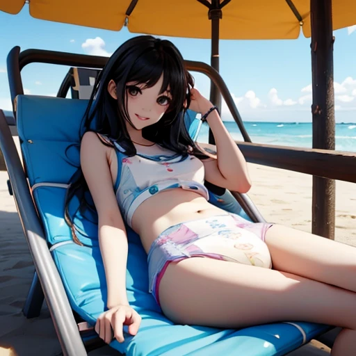 cute kpop girl, pee diaper, wet diaper, smile, long hair, black hair, beach chair, 3d, photorealistic, realistic