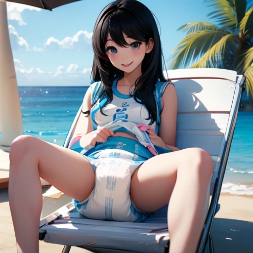 cute kpop girl, pee diaper, wet diaper, smile, long hair, black hair, beach chair, 3d, photorealistic, realistic