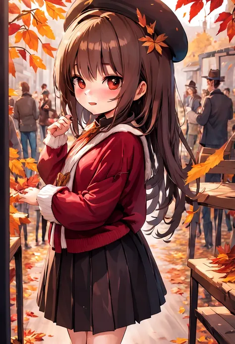 1 girl, autumn leaves, Bangs, black headdress, blurred background, blush, brown eyes, brown hair, brown scarf, brown skirt, cardigan shirt, coffee, cowboy shooting, cup, disposable cup, drink, fallen leaves, Wool cap, Keep, Keep drink, leaf, long hair, lon...