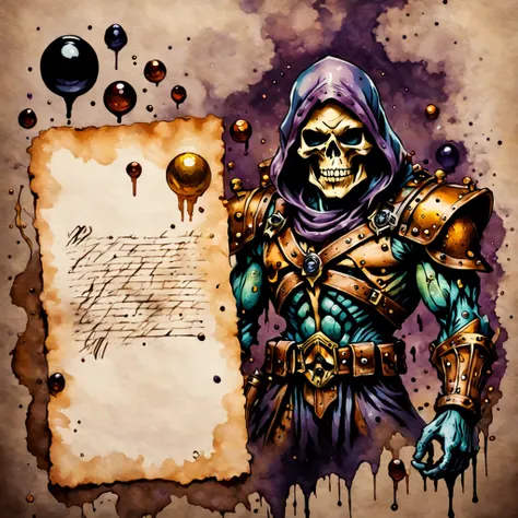 Skeletor dressed in brown leather with a AMMUNITION POUCH full of toxic orbs background underworld ink style, ink stains