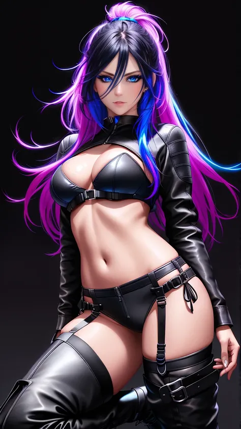 beautiful girl, full body, bright blue neon streaked dishevelled hair, ((large light realistic detailed eyes:1.3)), ((seductive pose:1.5)), black eyeshadow, (street style wear:1.2), ((tight fitted panties)), ((thigh high leather boots:1.3)),  ((dark plain ...