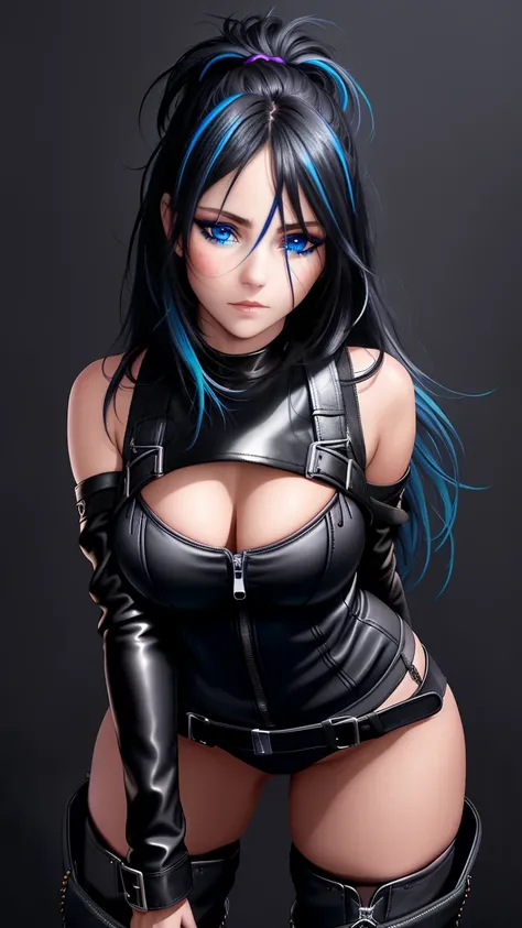 beautiful girl, full body, bright blue neon streaked dishevelled hair, ((large light realistic detailed eyes:1.3)), ((seductive pose:1.5)), black eyeshadow, (street style wear:1.2), ((tight fitted panties)), ((thigh high leather boots:1.3)),  ((dark plain ...