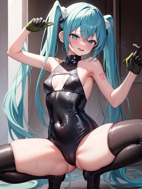 cup、thin、small breasts、Absolute area、hatsune miku、Sukesuke costume、thighs、ムチムチthighs、太いthighs、Please show me your armpits、sexy pose、Show your legs、Clothes with a wide open chest、black fishnet tights、squatting with legs wide open、blush、open your mouth wide、...