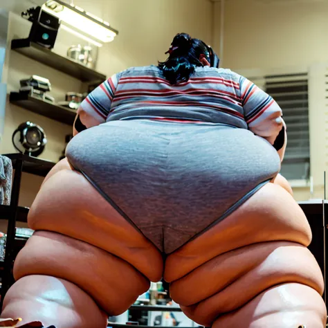 Sumo wrestler, Asian girl, black hair, ((ssbbw)), ((ussbbw)), ((obese)), ((morbidly obese)), angry expression, ((tall)), ((giantess)), ((sweaty)), ((giganticly obese thighs)), ((short perspective)), ((hair bow)), ((squatting)), ((hands on knees)), ((middle...