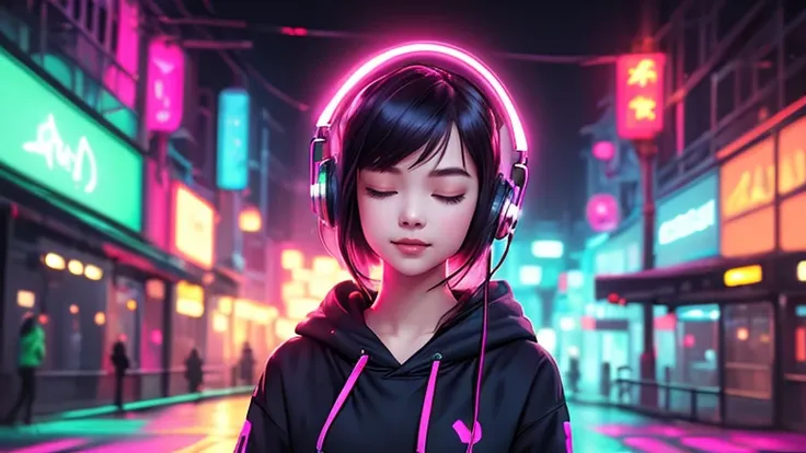 A female wearing headphones, bob hair, eyes closed, slight smile, hands on ear, hoodie, night,neon color, neon city background, surreal, best quality digital painting, jon foster