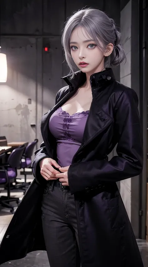 (masterpiece, highest quality:1.2), figure, 8K, HD, 1 girl, alone, (((gray hair, purple eyes, black coat))), big breasts, black pants, short hair, indoors, arles suit, serious expression, expensive, mature, elegant