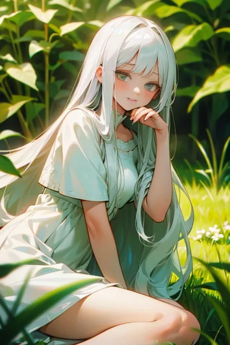 (masterpiece, best quality),1girl with long white hair sitting in a field of green plants and flowers, her hand under her chin, ...