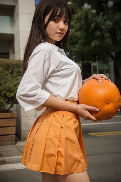 Transparent skirt、High school girl holding a mandarin orange