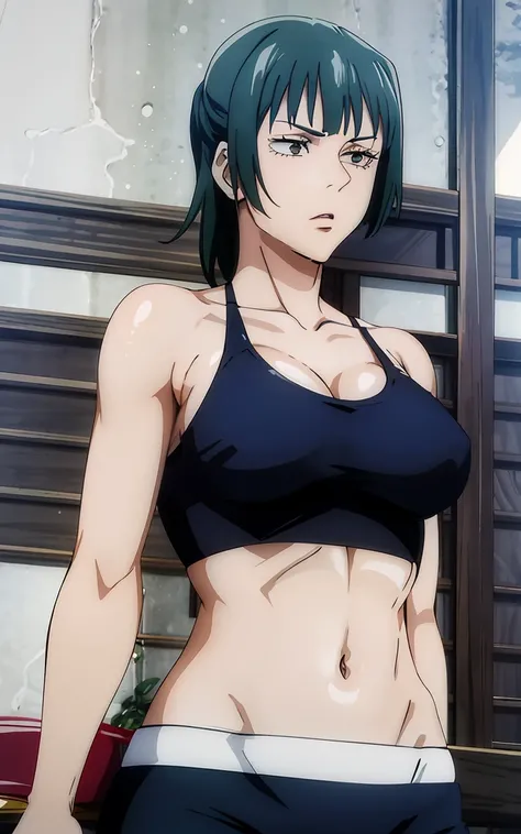 Maki Zenin, bikini ,green hair, big , arms wide open,curved waist,Ser, curved, cabello verde oscuro, bien proporcionado,musculosa,grandes muslos,pecho mediano, showing armspits,hot girl,sexy girl