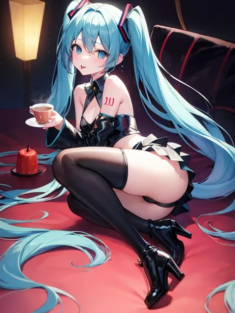 A cup、slender、small breasts、Hatsune Miku、blue hair、cute　、sexy pose、She is bending over and sticking her butt out towards the viewer.、tight black pantyhose、tight black tights、show pants、high heels、No sleeve、Chest bare、black glove、tongue out、Eyes are facing ...