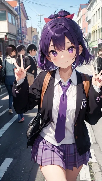 slant eyes 、Purple hair color、short hair、purple eyes、left eye is closed and right eye is open。They are giving a peace sign towards here、school uniform with red ribbon