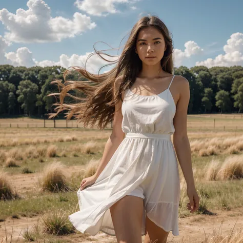 Girl standing in the middle of a vast grass field, gaze fixed on the blue open sky with white cumulonimbus clouds and a contrail passing by. The sun is glowing brightly, casting long shadows as the steppe grass sways gently in the wind. This live action im...