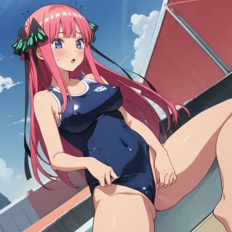 masterpiece, best quality, ultra detailed, best illustration, nsfw, 1girl, one-piece swimsuit, nakano nino, pink hair, butterfly hair ornament