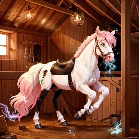 shocked slim feral horse with White fur with long Pink mane and Green eyes 
With a black saddle on her back there are some traces of magic floating around her she is in a stable