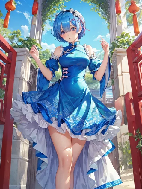 masterpiece, highest quality, Super detailed, ((Rem,Re Zero,blue hair,short hair)), attractive, feminine, cute,with ruffles, attractive,  stylish, ((Chinese style dress)), glamorous, shine,adorable,  wonderful , ((Beachy)),  cute, 