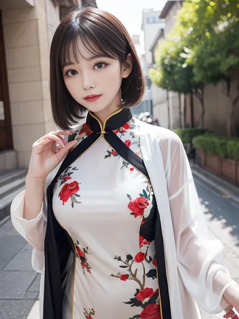 (((very detailed , 8k wallpaper, masterpiece, High resolution, highest quality))), ((Beautiful woman, Model-like posture, acrobatic pose,fighting pose,)),((Chinese dress style idol costume, Cute colorful pattern and sexy slit＆sexy costume.):1.5),(Chinese d...