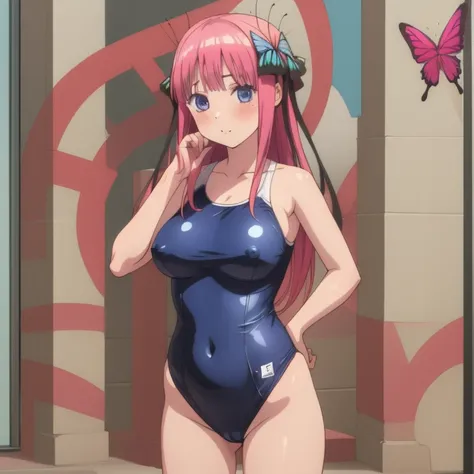 masterpiece, best quality, ultra detailed, best illustration, nsfw, 1girl, one-piece swimsuit, nakano nino, pink hair, butterfly hair ornament