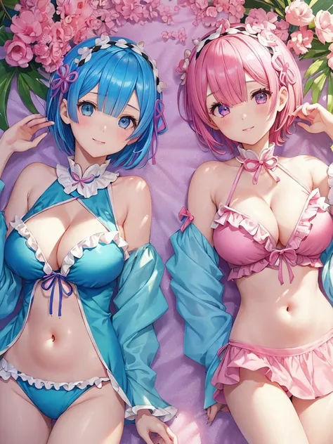 masterpiece, highest quality, Super detailed, Re:zero,2 girls(Rem,blue hair,short hair)(rum,pink hair,short hair),innocent smile,attractive, cute,cheongsam clothing,with ruffles, attractive,  stylish, glamorous, shine,adorable,  wonderful , ((Beachy)),  cu...