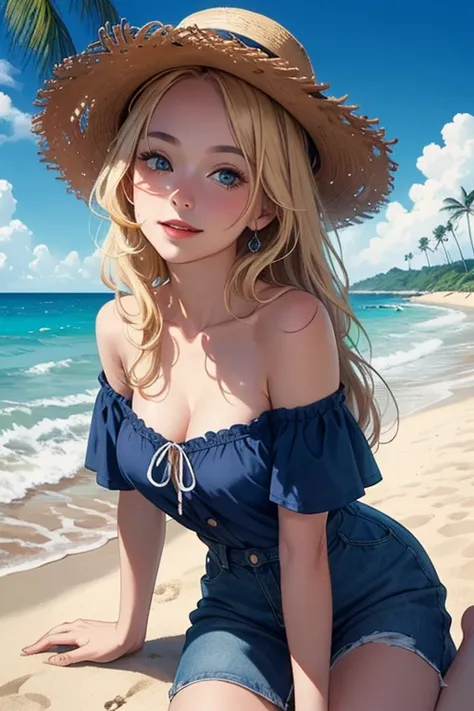 Rococo style, (movie poster:1.2), soft lighting, (elevation angle:1.25), (alone:1.4), (1 girl), ((blonde hair), long curly hair), blue eyes, (smile), beach straw hat, (off shoulder shirt), hat flower, (looking to the side:1.3), Fantastic and colorful, Ocea...