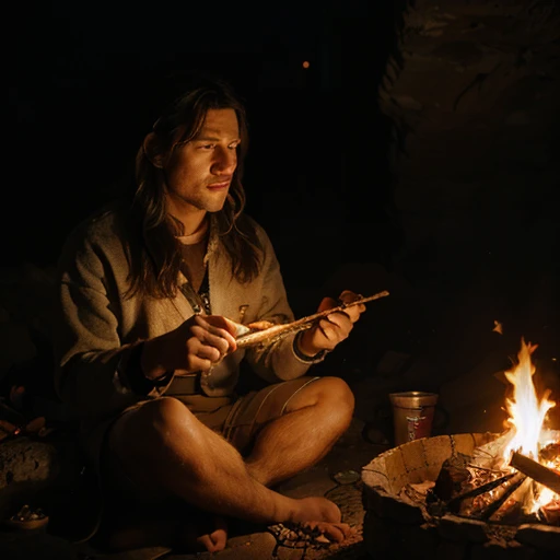 Me being a Neanderthal living in iceage outside the cave eating dinner at a campfire