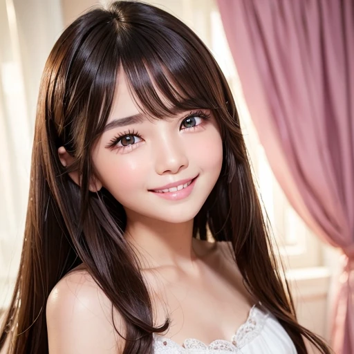 1 girl、smooth skin、(((happy smile)))、gaze towards the viewer、cute woman with beautiful face、（10 years old）、pointed chest、long eyelashes、colored contact lenses、big 、Delicate、very fine eyes、（thin eyebrows）、very very detailed face、((brunette tousled hair))、