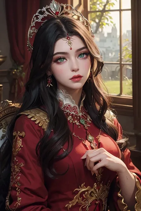 (highest quality, masterpiece:1.2), High resolution, Super detailed, realistic:1.37, fantasy, An illustration, green eyes、Queen, red dress.Platinum decoration、beautifully、Eyeshadow Red、Dark eyebrows、long eyelashes、Pupils are black、Hair is light green