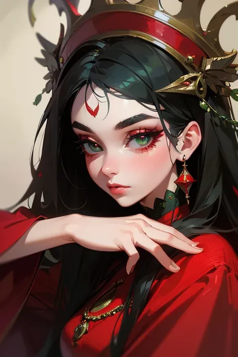 (highest quality, masterpiece:1.2), High resolution, Super detailed, realistic:1.37, fantasy, An illustration, green eyes、Queen, red dress.Platinum decoration、beautifully、Eyeshadow Red、Dark eyebrows、long eyelashes、Pupils are black、Hair is light green