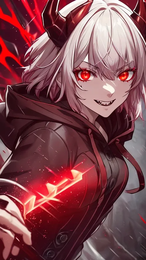 a dark red demon with horns and a hoodie, with red glowing eyes, red glowing eyes, evil smile and glowing eyes, the grim reapper, | demonic | horror themed, demon girl, grimdark vibes, evil glow, helltaker, dark art style, villain wearing a red oni mask, w...