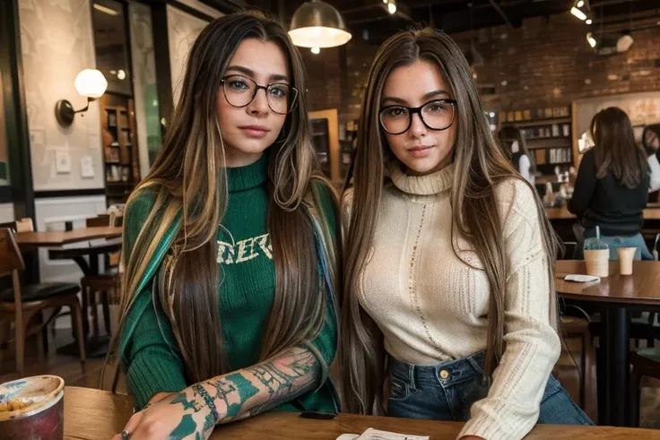 two gorgeous artsy women, long flowing thick natural hair, dressed in  knit sweaters and ripped jeans pants, jewelry, tattoos, i...