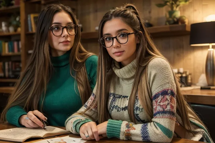 two gorgeous artsy women, long flowing thick natural hair, dressed in  knit sweaters and ripped jeans pants, jewelry, tattoos, i...