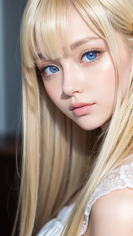 highest quality, masterpiece, (reality: 1.2), one blonde 14 year old girl, Super long, dazzling, beautiful blonde hair, Very beautiful, bright light blue, very large eyes, Front view, detailed face, bangs between the eyes、beautiful big eyes、blonde hair abo...