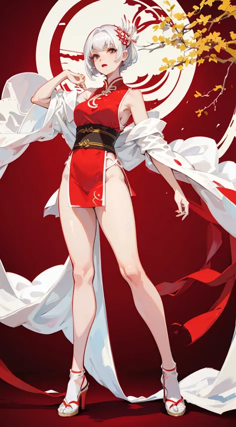 a girl，white short hair，Wearing red and white Hanfu，Leaking out of the thighs，huge ，slender waist，wearing high heels，full body display，Standing posture，Look ahead，Red and white background。