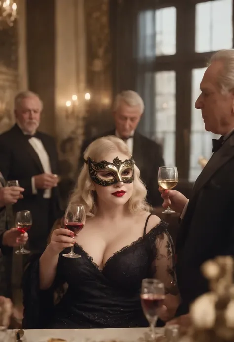 A blonde hairy chubby girl with High hells and venetian mask drinking wine at a table with a group of older Rich men, date, passion