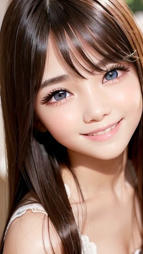 1 girl、smooth skin、(((happy smile)))、gaze towards the viewer、cute girl with beautiful face、（10 years old）、pointed chest、long eyelashes、colored contact lenses、big 、Delicate、very fine eyes、（thin eyebrows）、very very detailed face、((brunette tousled hair))、Gir...