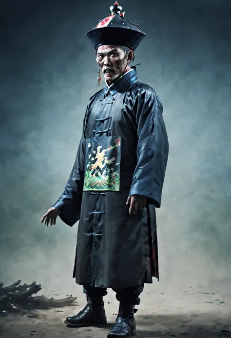 a tall big terrifying qing dynasty zombie wears zombie_hat its both hands is up without loincloth and with the black official un...