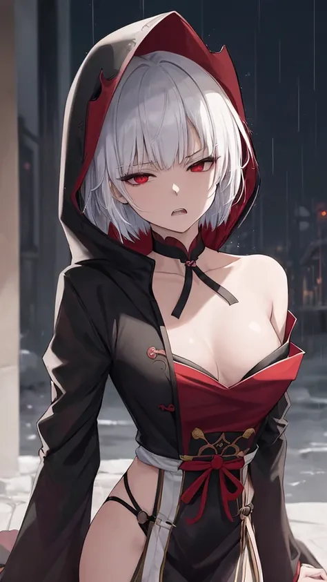 kk, best quality, more details, masterpiece, 1girl, kaneki ken, portrait, male focus, red eyes, solo, bangs, looking at viewer, hood, short hair, rain, tokyo tokyo (hell), hood up, nail polish, white hair, luxurious, 8k, detailed, ray tracing, depth of fie...