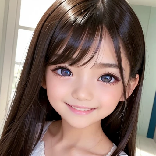 1 girl、smooth skin、(((happy smile)))、gaze towards the viewer、cute girl with beautiful face、（10 years old）、pointed chest、long eyelashes、colored contact lenses、big 、Delicate、very fine eyes、（thin eyebrows）、very very detailed face、((brunette tousled hair))、Gir...