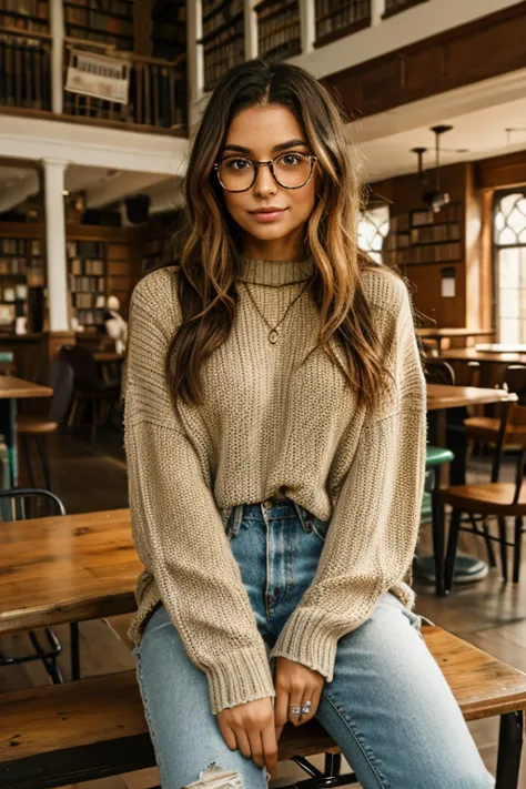 two gorgeous artsy women, long flowing thick natural hair, dressed in  knit sweaters and ripped jeans pants, jewelry, tattoos, i...