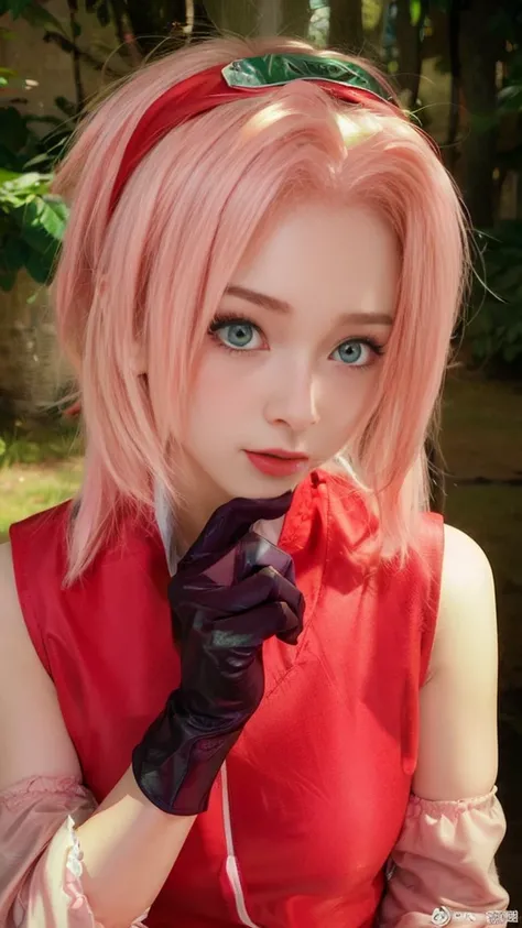 Young woman, slender body, porcelain skin, short pale pink hair, heart-shaped face, wide forehead, thin pink eyebrows, big jade green eyes, long eyelashes, buttoned nose, big pink lips, red quipao dress, black gloves , forest, Sakura Haruno, 3d, realistic,...