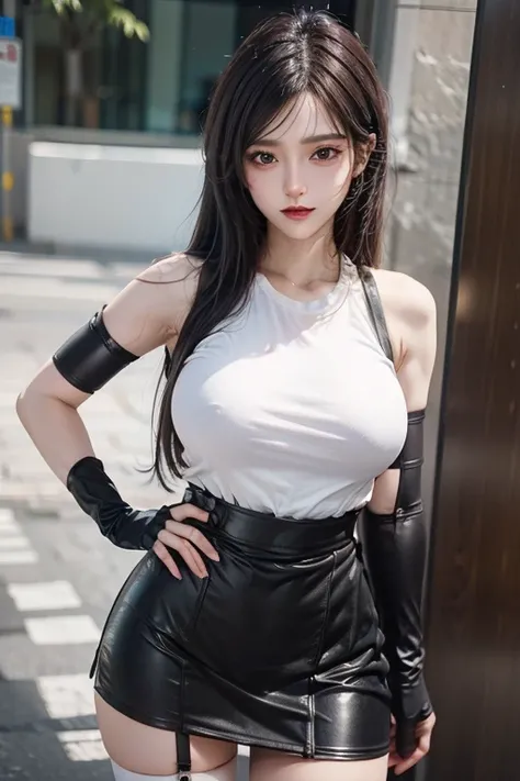 8K,masterpiece, quality loss,big, (1 girl), tifa lockhart, red_eye, black hair, long hair, shiny skin, shiny big, ((highest quality)), sharp focus: 1.2, Highly detailed face and skin texture, detailed eye, perfect face, perfect body, art, cg, blur backgrou...