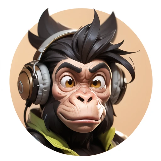 a close up of a boring monkey face, big ears, headphones are floating below the face, monkey, bored ape, face like monkey, in style of monkeybone, in style of primal apes, ape, orange head, LP vinyl sticker design