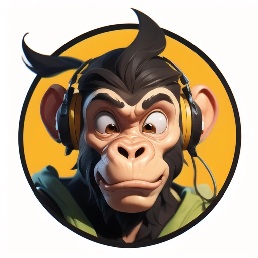 a close up of a boring monkey face, big ears, headphones are floating below the face, monkey, bored ape, face like monkey, in style of monkeybone, in style of primal apes, ape, orange head, LP vinyl sticker design