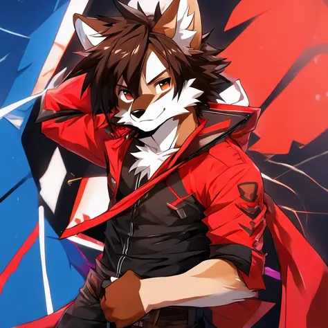 Brown and cream wolf,Kirito style hair but brown with purple tips, en jocktrap sin camisa y con una marca con forma de punta de lanza de color rojo en el pecho