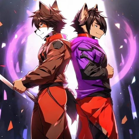 Brown and cream wolf,Kirito style hair but brown with purple tips, en jocktrap sin camisa y con una marca con forma de punta de lanza de color rojo en el pecho