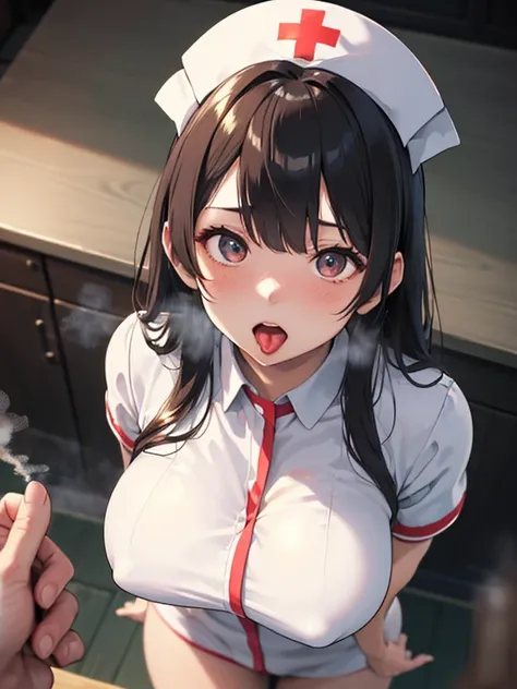 (POV,from above,mouth focus:1.6),1womanl, beautiful mature senior nurse, (perfect details beautiful eyes:1.2) ((red blush,steam:1.3)), (open mouth,put out the tongue:1.2), large full breasts, (), Perfectly proportioned, Colorful long Hair, {(sheer nurse un...