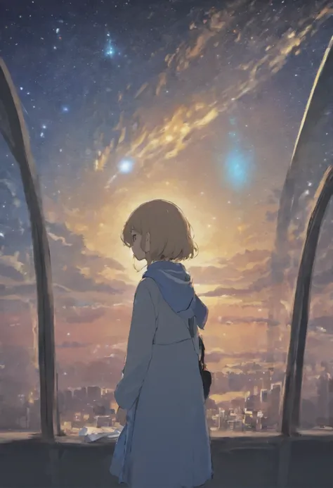 A quiet town at night, a magnificent landscape of planets and the moon, soft expressions, wrapped in the soft winter breeze, a magical and beautiful time passes by.The back view of a female teenager, a gentle moment, space and the starry sky, a cat standin...