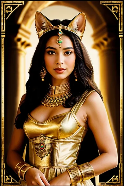 ((best quality)), ((chef-d&#39;artwork)), (detailed), femme avec visage parfait, cat head goddess Bastet; Ancient Egyptian Queen Dress, bijoux precieux, couronne antique pharaon;  Pyramid of Cheops in the background; Peplum film effect; dim light;