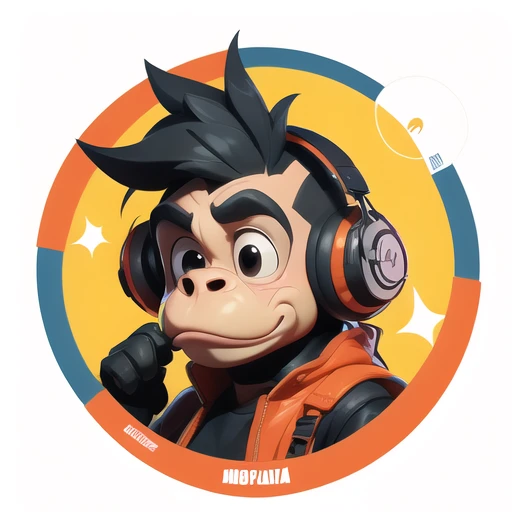 Ape with a doubting  face, Monkey, big ears, mohawk hairstyle, Dj headphones below the face. The image is a round shaped sticker on a vinyl album of a music band 