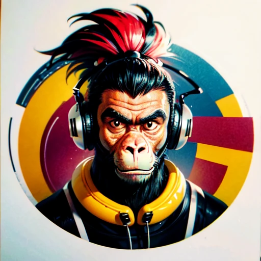 (best quality,highres),round vinyl album sticker,ape with a doubting face,monkey,big ears,mohawk hairstyle,Dj headphones below the face,transparent background,colorful,eye-catching,vibrant,vintage style,cartoonish,retro vibes