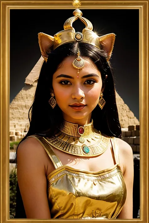 ((best quality)), ((chef-d&#39;artwork)), (detailed), femme avec visage parfait, cat head goddess Bastet; Ancient Egyptian Queen Dress, bijoux precieux, couronne antique pharaon; The Cheops pyramid in the background; Peplum film effect; dim light;